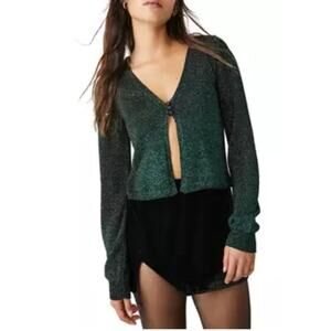 Free People Womens S Emmaline Metallic Cardigan Alpine Green Combo NEW